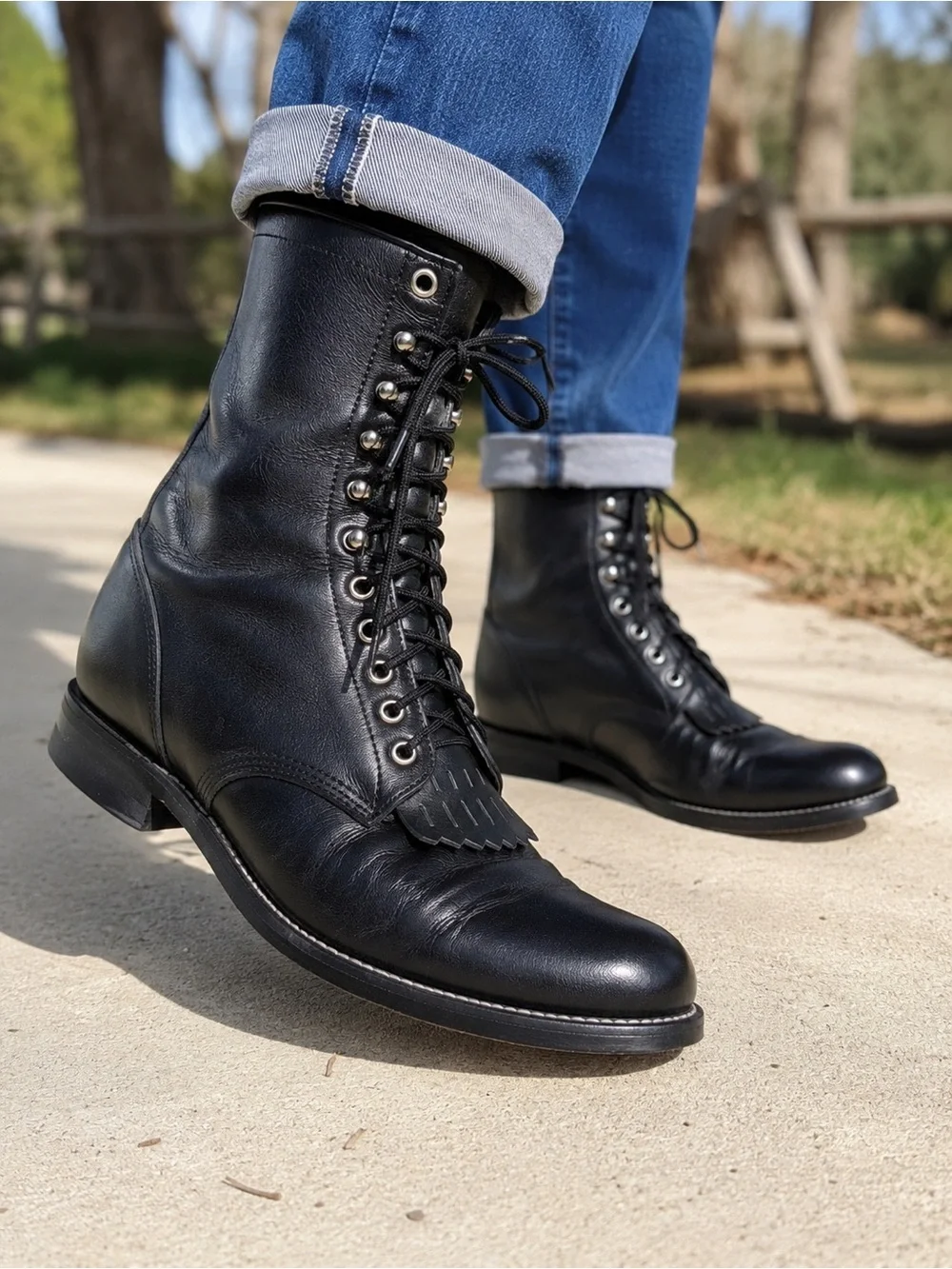 Justin Boots Men’s 9 B Black Leather Lace Up Kiltie Roper Western Boots